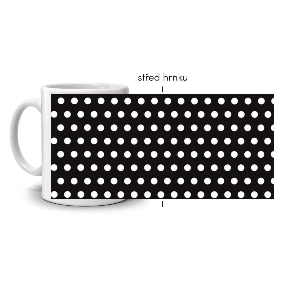 Bílý keramický hrnek 330ml s obrázkem - černý s bílými puntíky