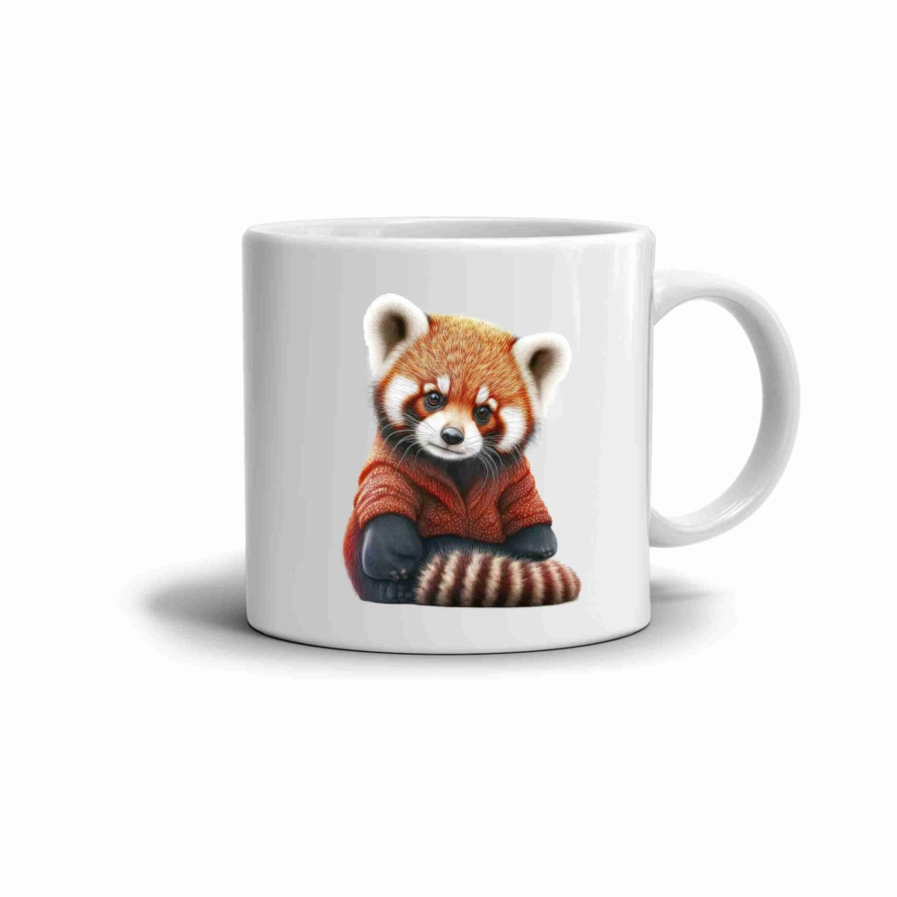 Bílý keramický hrnek 330ml s obrázkem - červená panda ve svetru