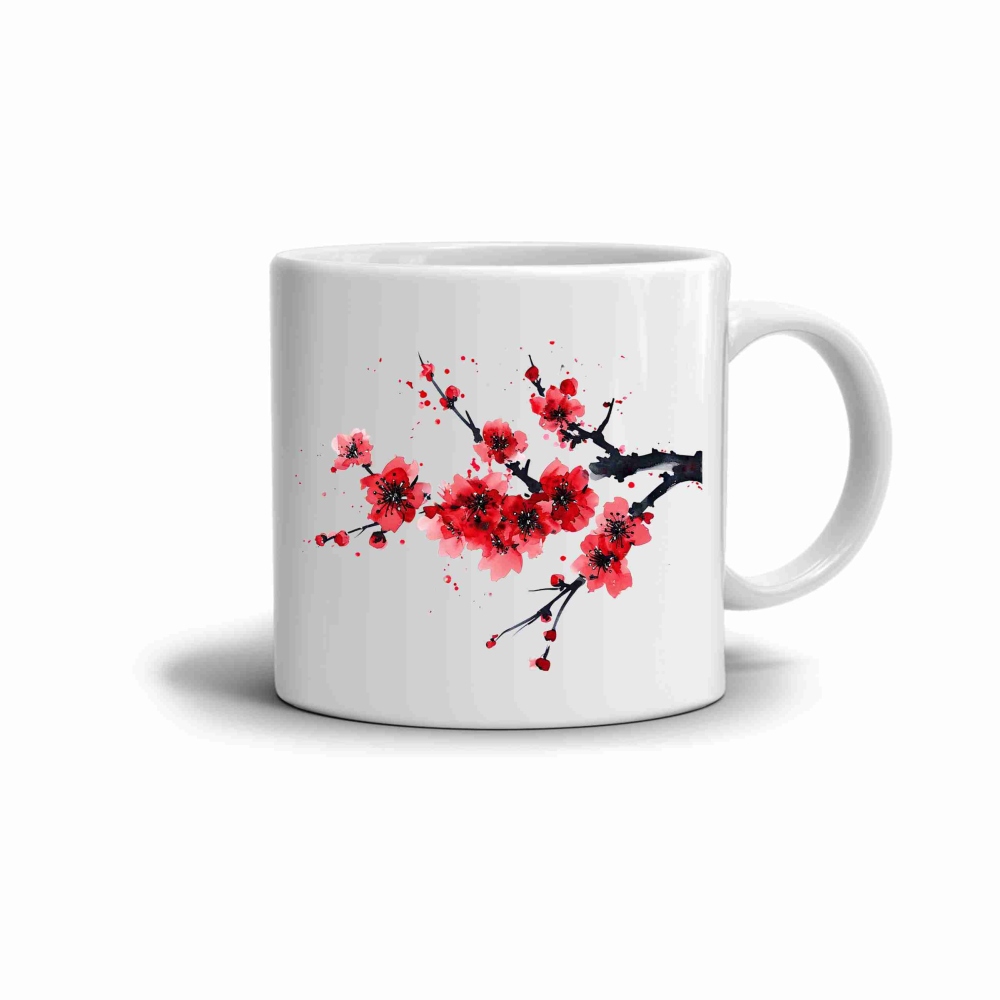 Bílý keramický hrnek 330ml s obrázkem - červená sakura