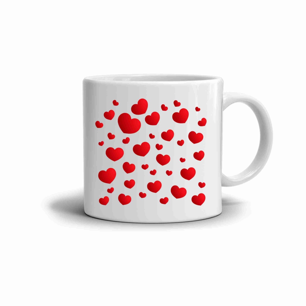 Bílý keramický hrnek 330ml s obrázkem - červená srdíčka