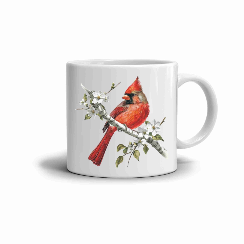 Bílý keramický hrnek 330ml s obrázkem - červenka na větvi 2