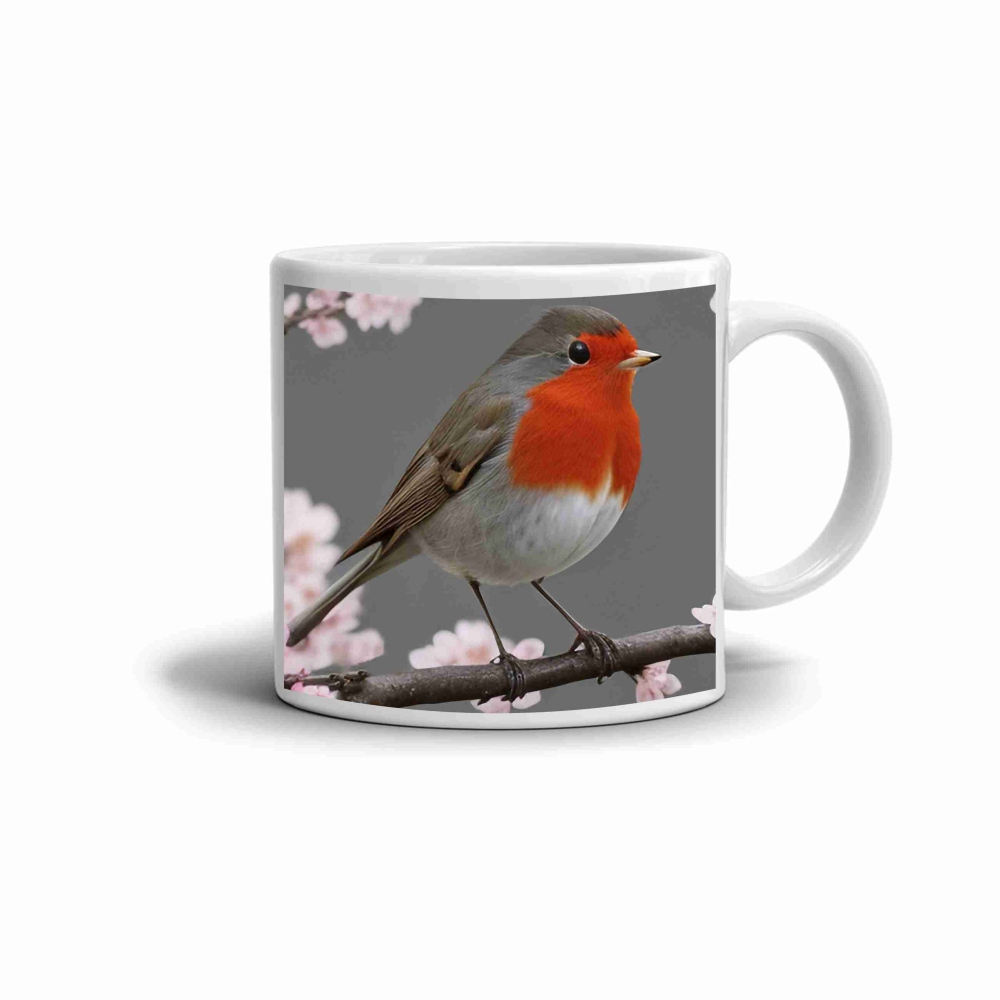 Bílý keramický hrnek 330ml s obrázkem - červenka na větvi