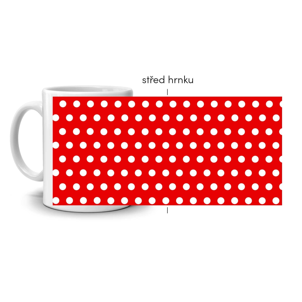 Bílý keramický hrnek 330ml s obrázkem - červenobílý puntíkový vzor