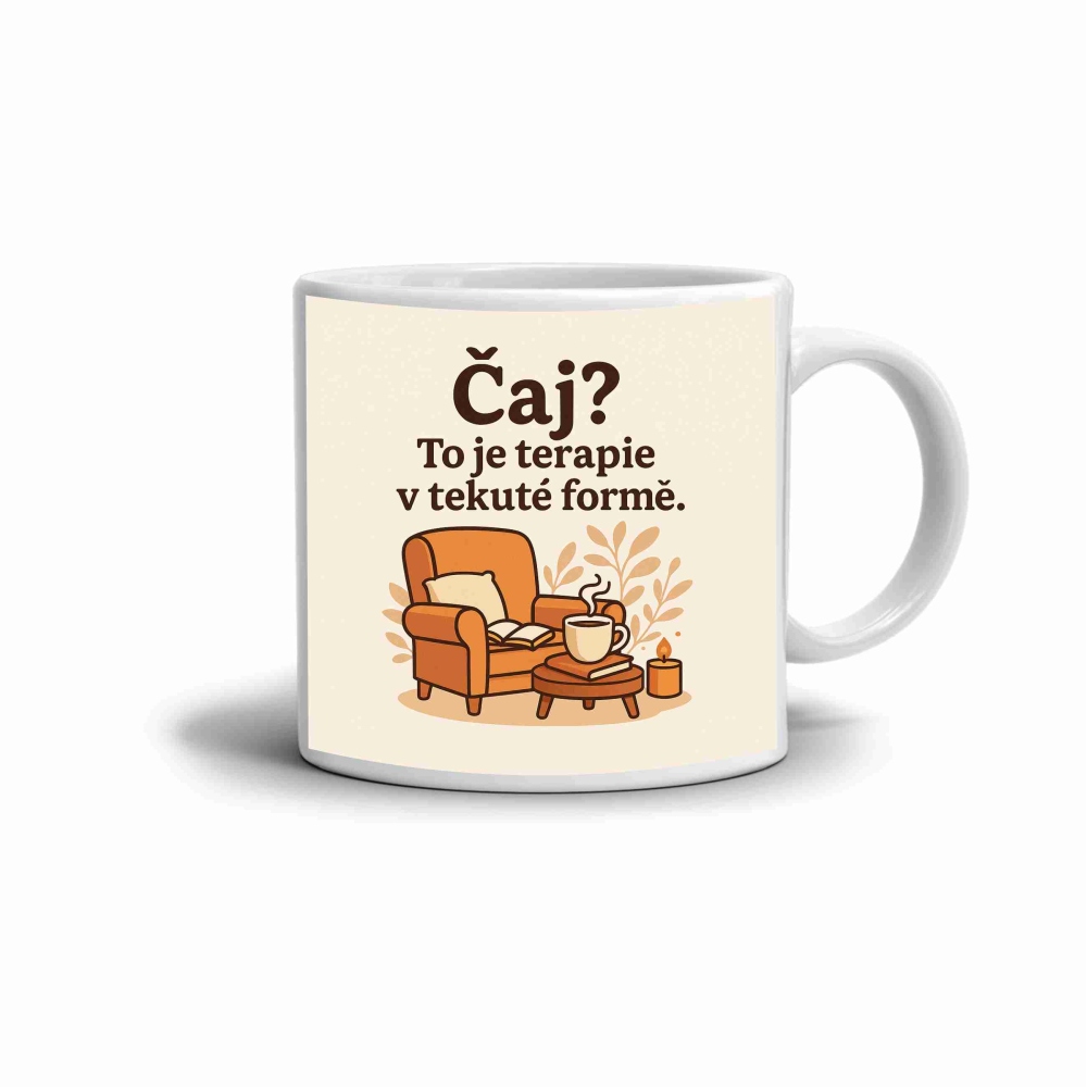 Bílý keramický hrnek 330ml s obrázkem - citát čaj je terapie