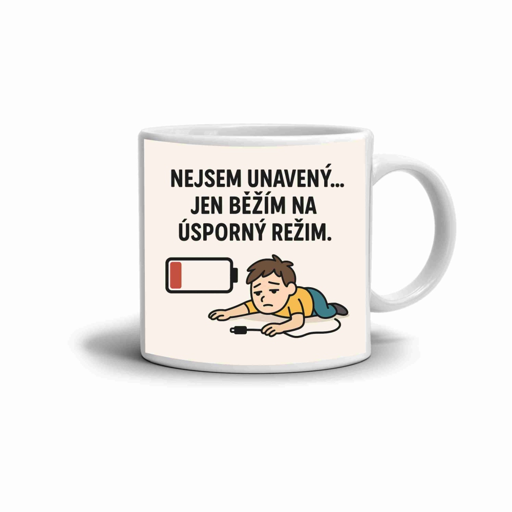 Bílý keramický hrnek 330ml s obrázkem - citát nejsem unavený