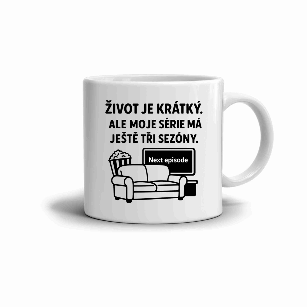 Bílý keramický hrnek 330ml s obrázkem - citát život je krátký