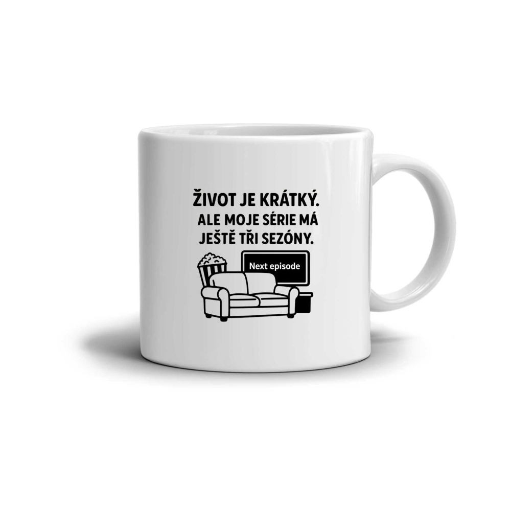 Bílý keramický hrnek 330ml s obrázkem - citát život je krátký