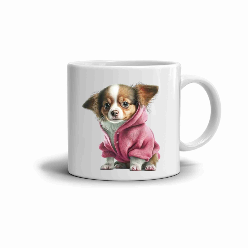 Bílý keramický hrnek 330ml s obrázkem - čivava v mikině