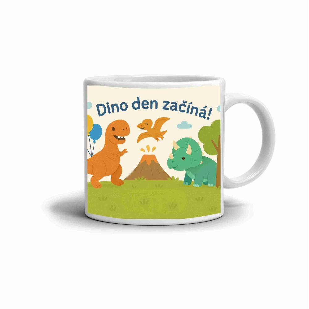 Bílý keramický hrnek 330ml s obrázkem - dino den