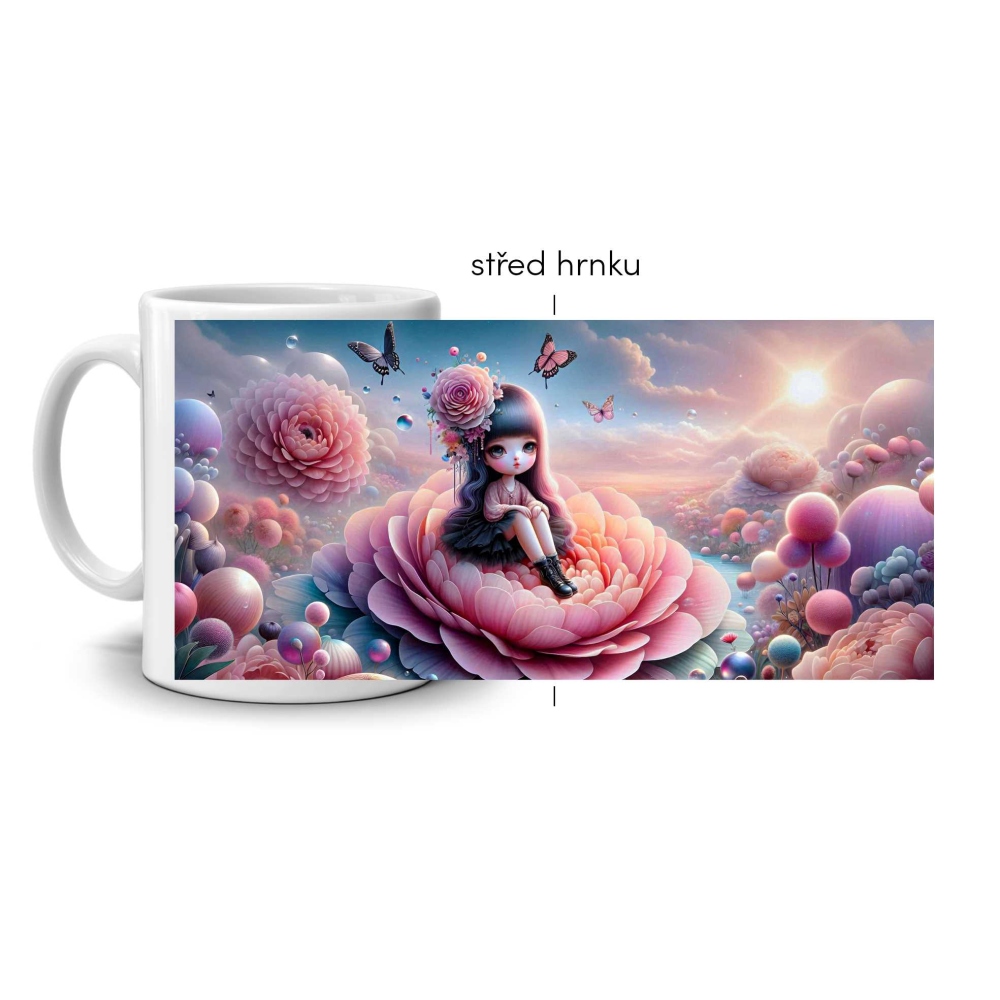 Bílý keramický hrnek 330ml s obrázkem - dívka z květinového snu