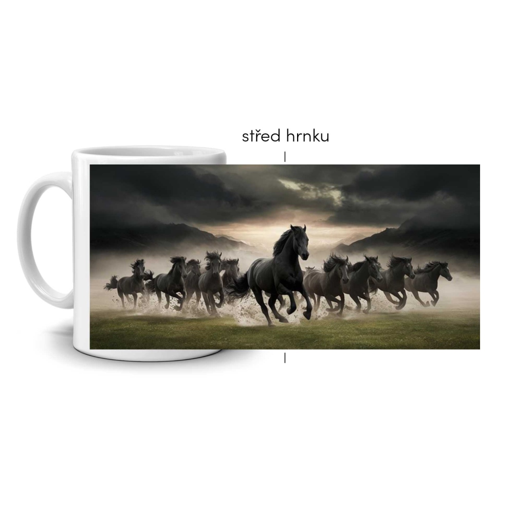 Bílý keramický hrnek 330ml s obrázkem - divoký běh černých koní