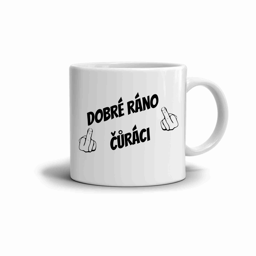 Bílý keramický hrnek 330ml s obrázkem - dobré ráno č*ráci