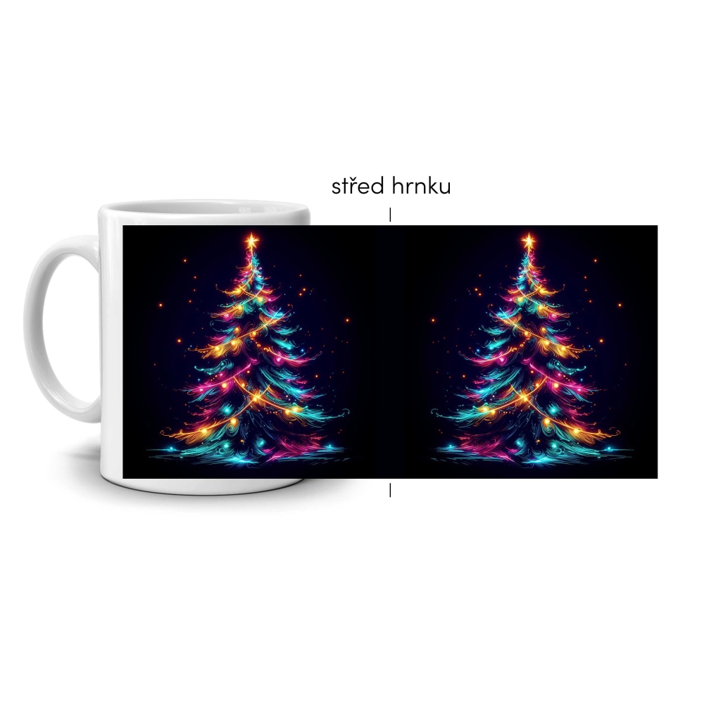 Bílý keramický hrnek 330ml s obrázkem - duhový svítící stromeček