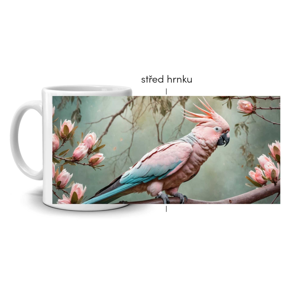 Bílý keramický hrnek 330ml s obrázkem - elegantní kakadu inka