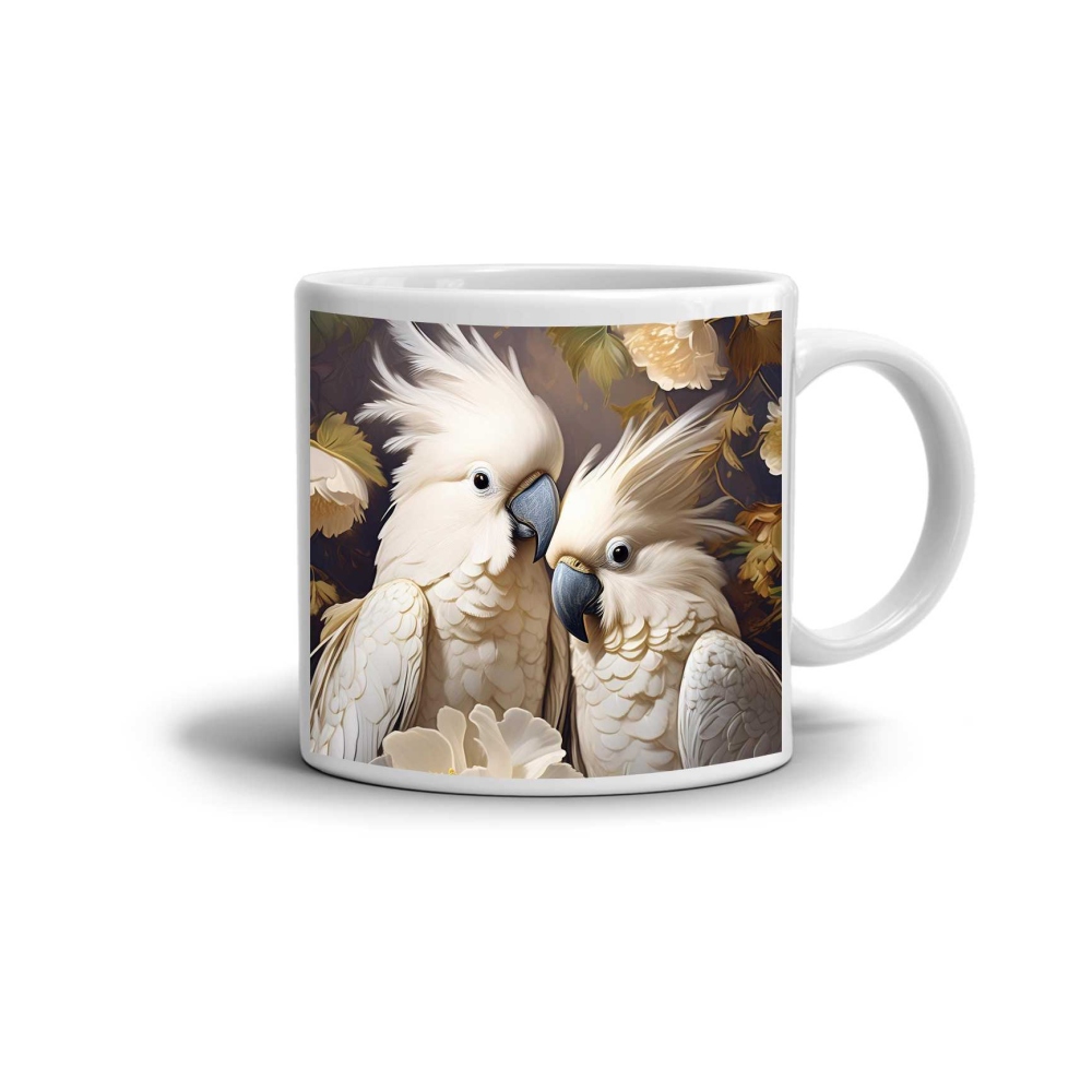 Bílý keramický hrnek 330ml s obrázkem - elegantní pár kakadu
