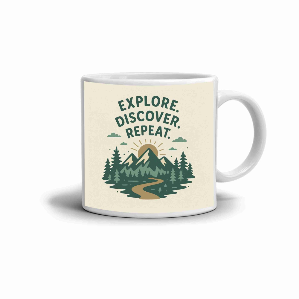 Bílý keramický hrnek 330ml s obrázkem - explore and repeat