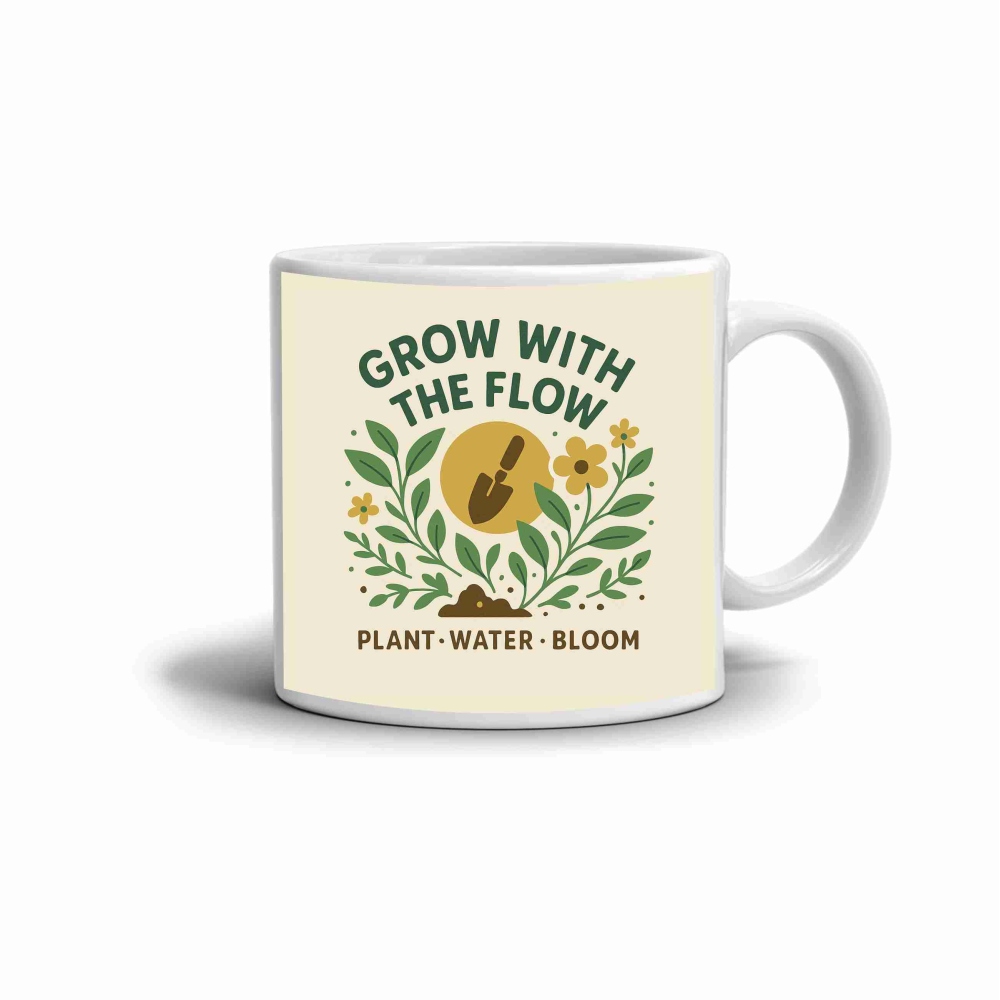 Bílý keramický hrnek 330ml s obrázkem - grow with the flow