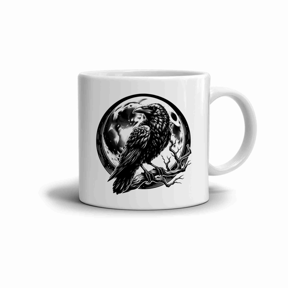 Bílý keramický hrnek 330ml s obrázkem - havran při úplňku