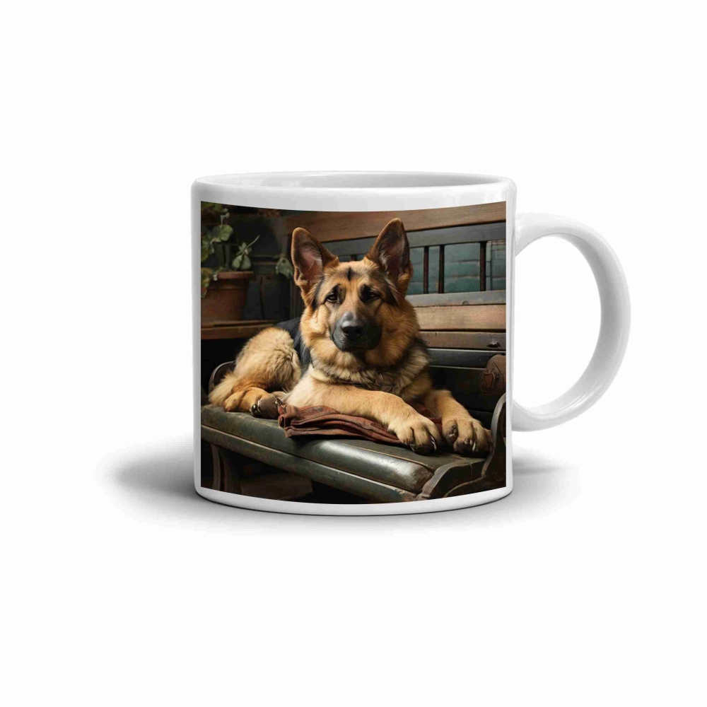 Bílý keramický hrnek 330ml s obrázkem - hrdý německý ovčák