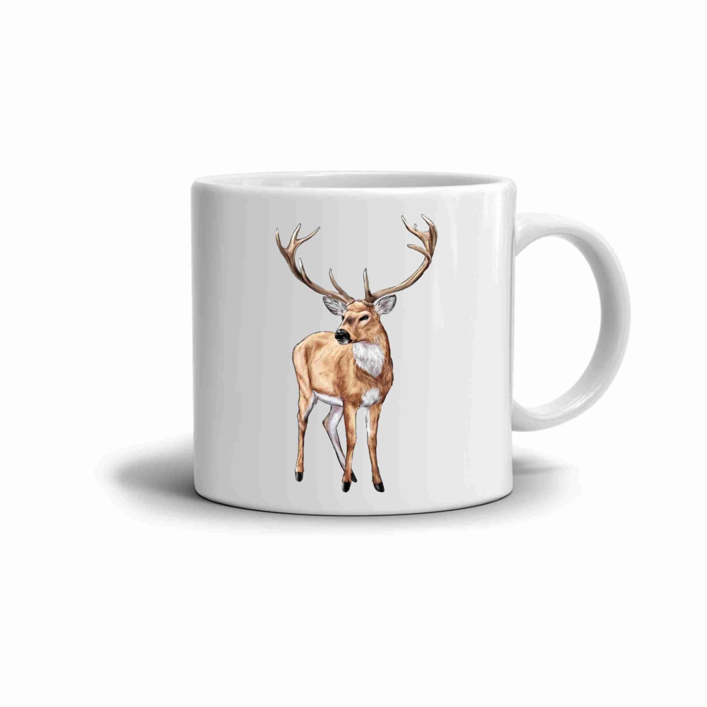 Bílý keramický hrnek 330ml s obrázkem - jelen