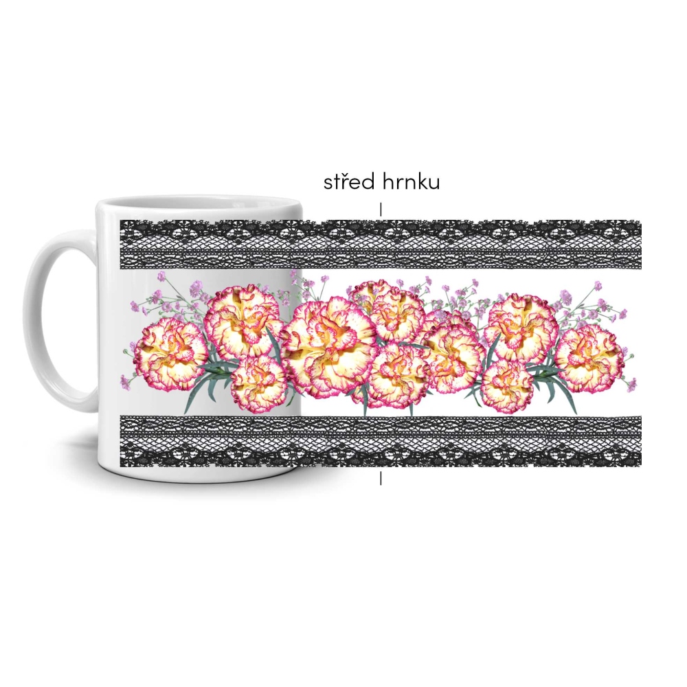 Bílý keramický hrnek 330ml s obrázkem - karafiáty v krajce