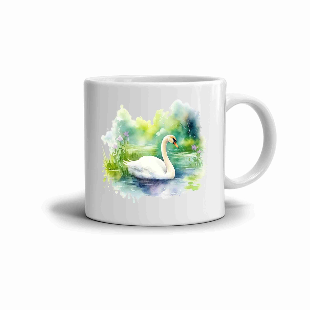 Bílý keramický hrnek 330ml s obrázkem - klidná labuť