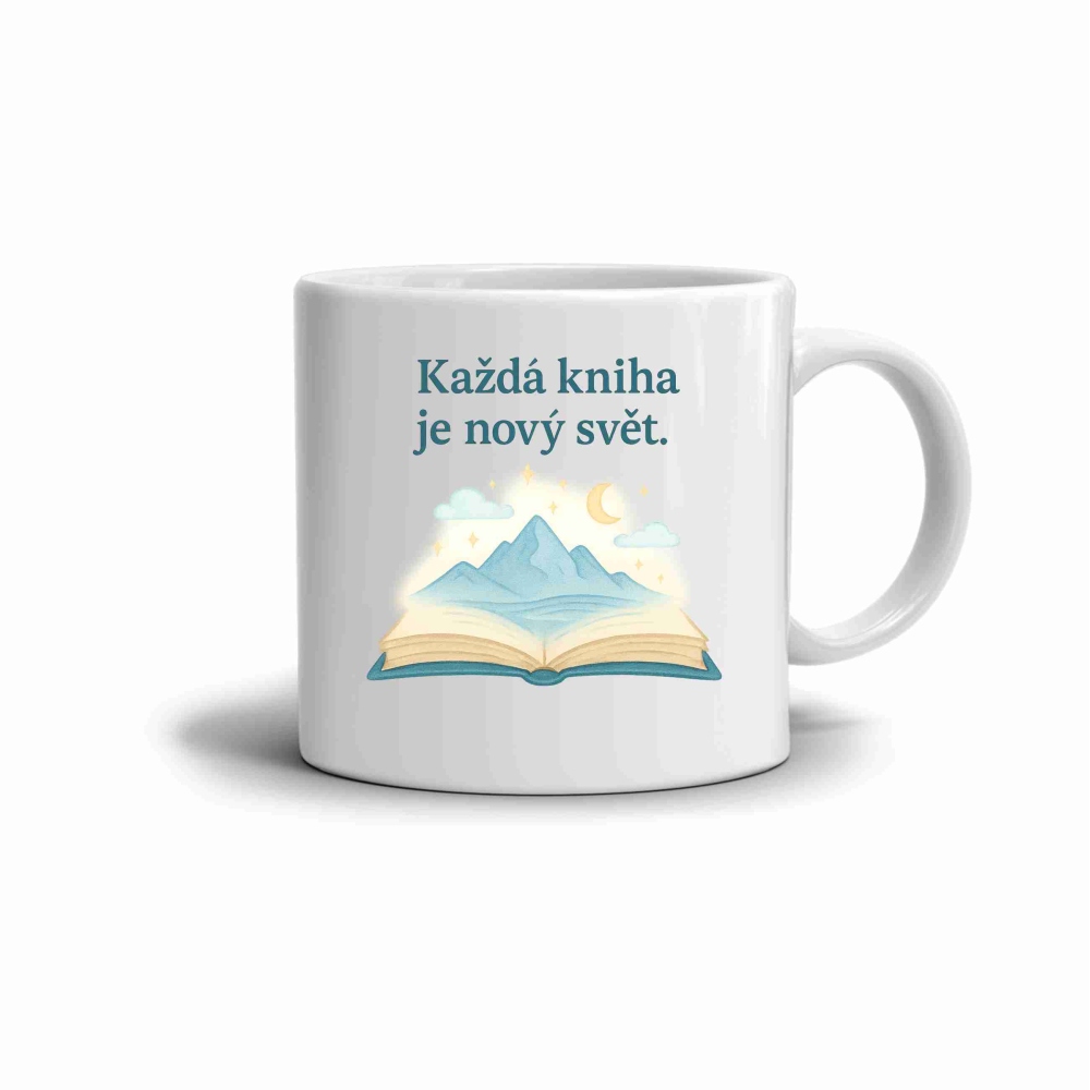 Bílý keramický hrnek 330ml s obrázkem - kniha a svět