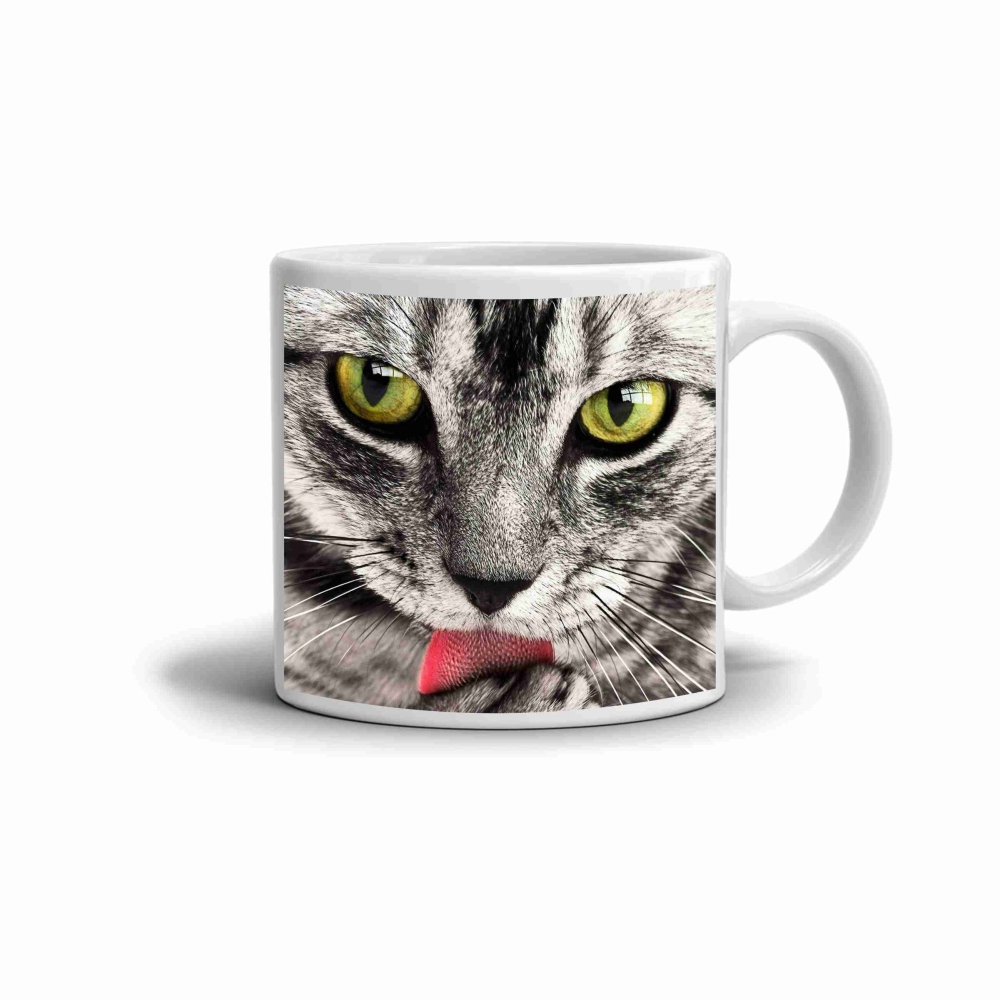 Bílý keramický hrnek 330ml s obrázkem - kočičí jazýček