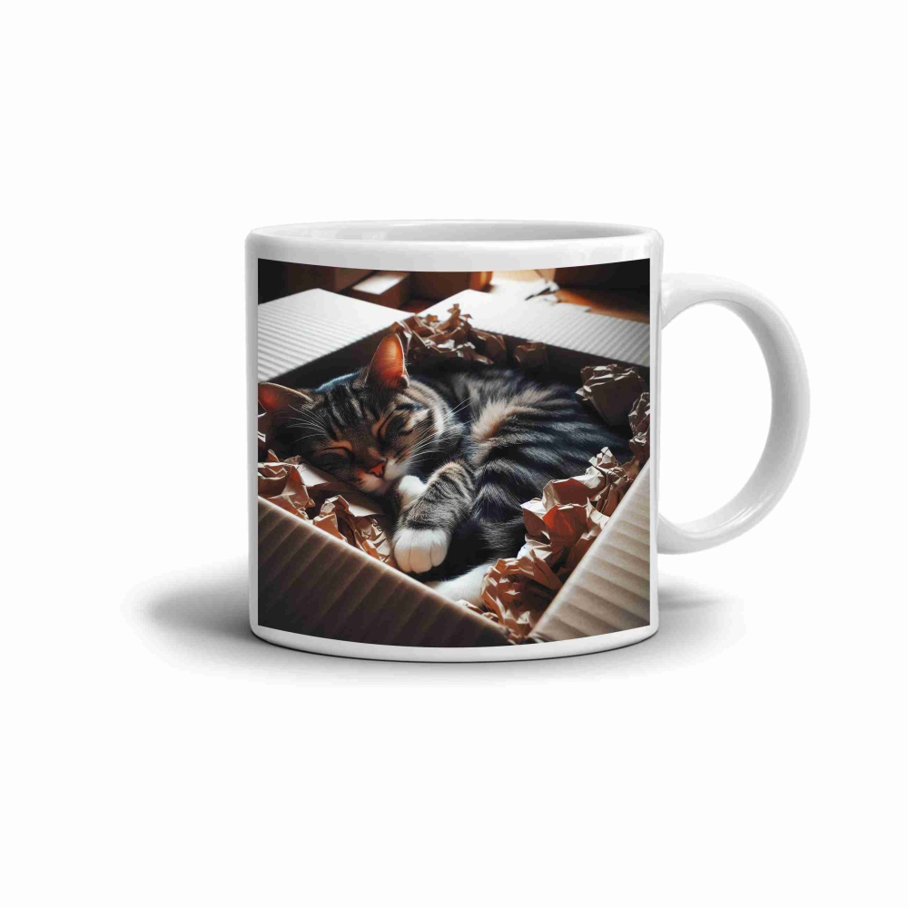 Bílý keramický hrnek 330ml s obrázkem - kočičí odpočinek