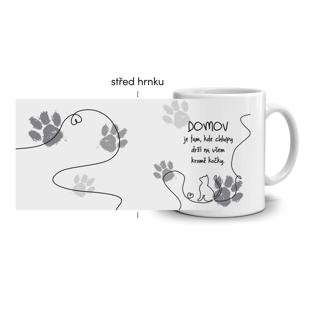 Bílý keramický hrnek 330ml s obrázkem - kočka domov (světlý motiv)