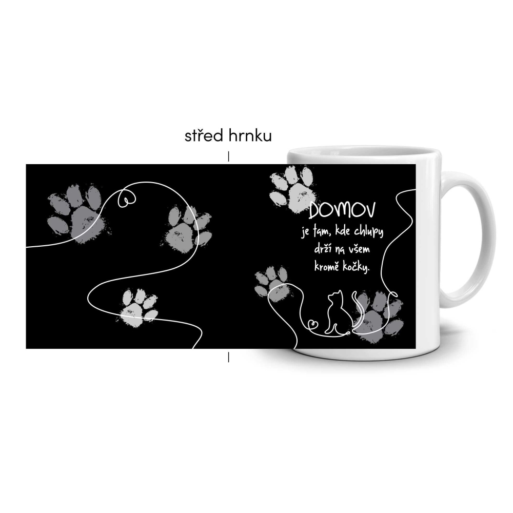 Bílý keramický hrnek 330ml s obrázkem - kočka domov (tmavý motiv)