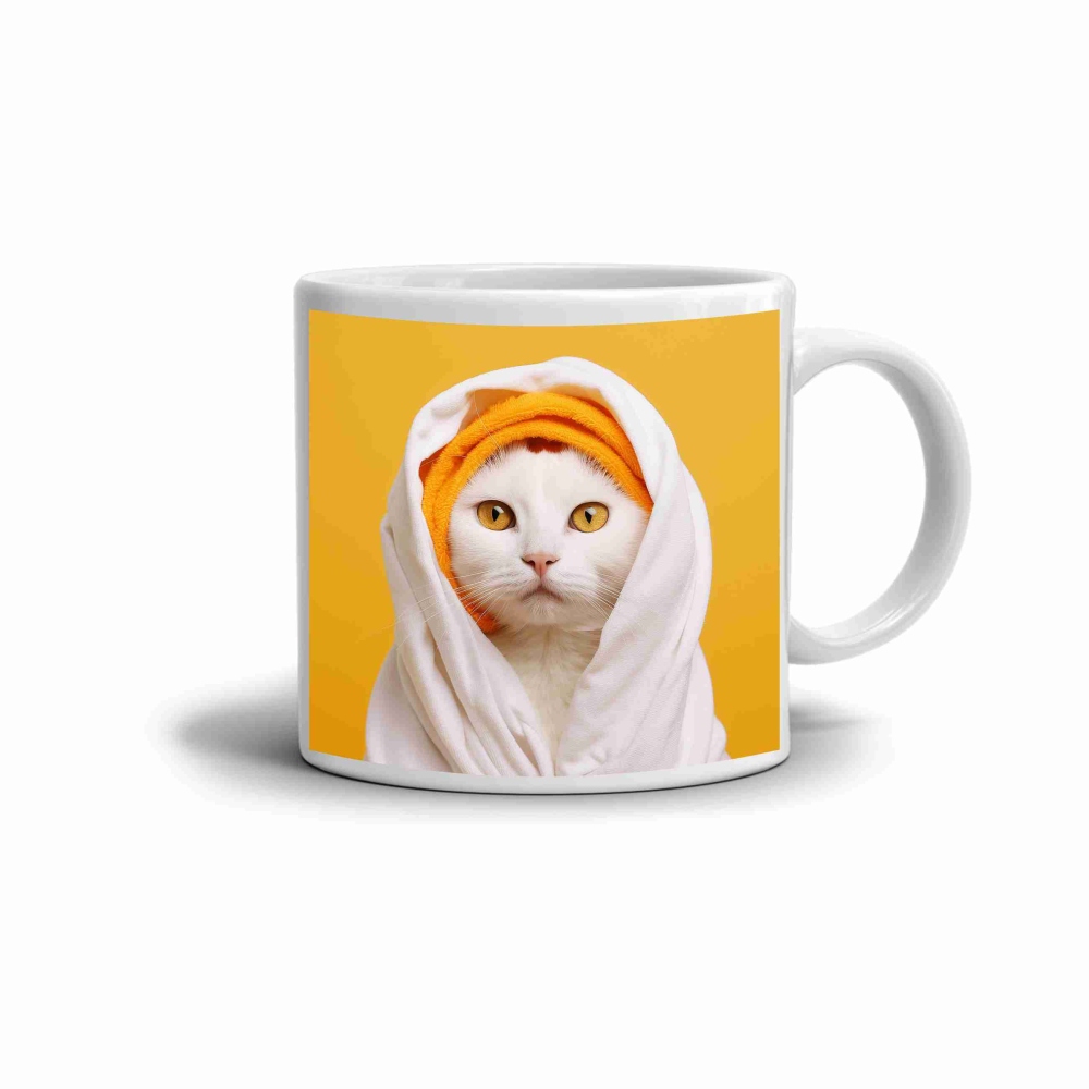 Bílý keramický hrnek 330ml s obrázkem - kočka po koupeli