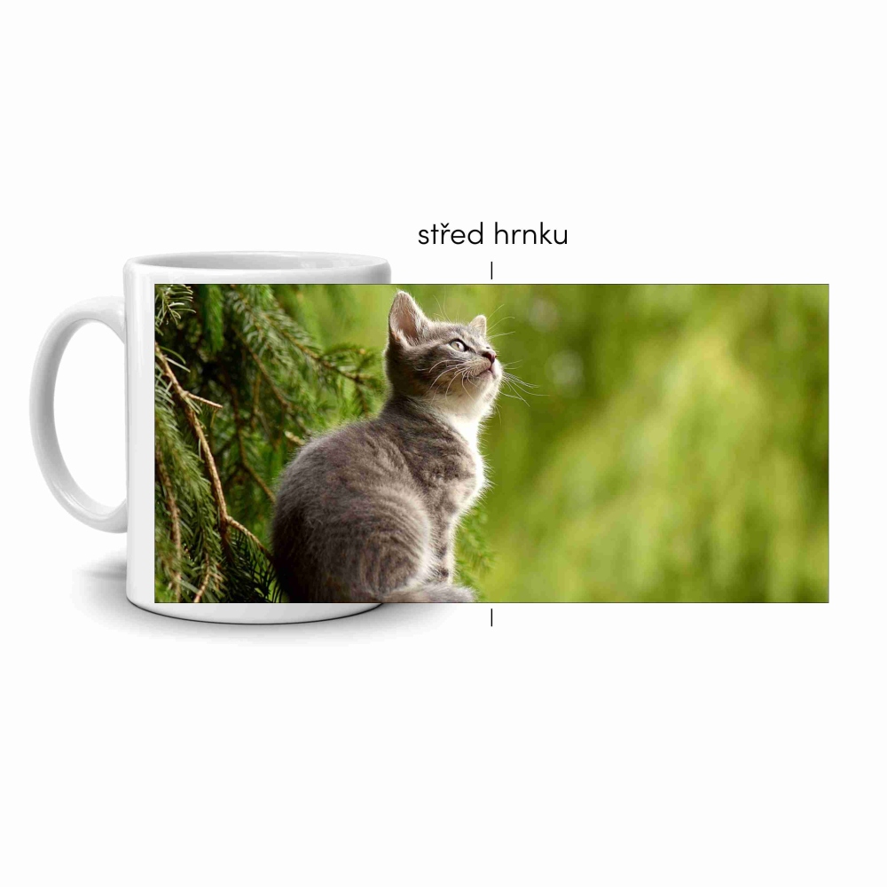 Bílý keramický hrnek 330ml s obrázkem - kočka v lese