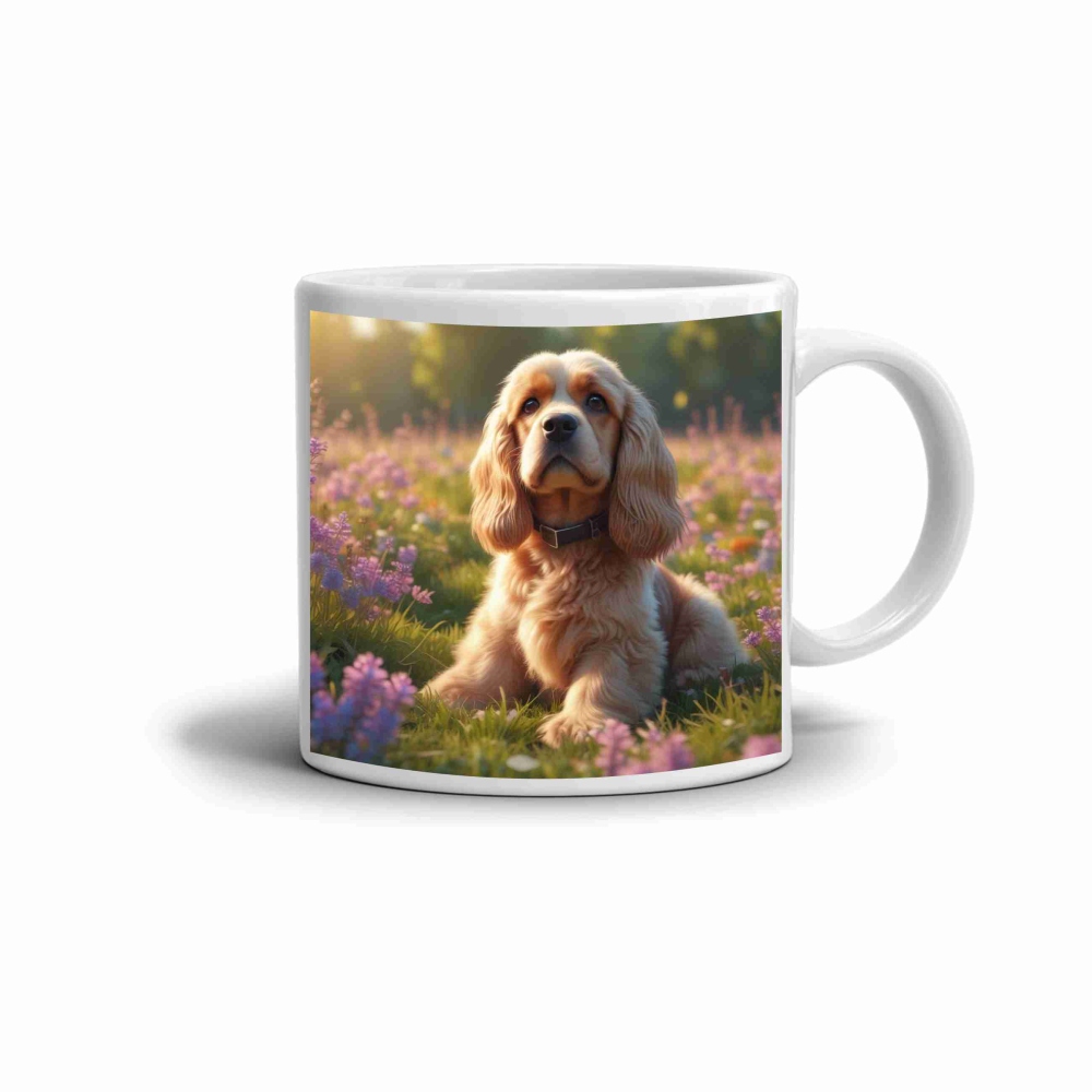 Bílý keramický hrnek 330ml s obrázkem - kokršpaněl v květinách