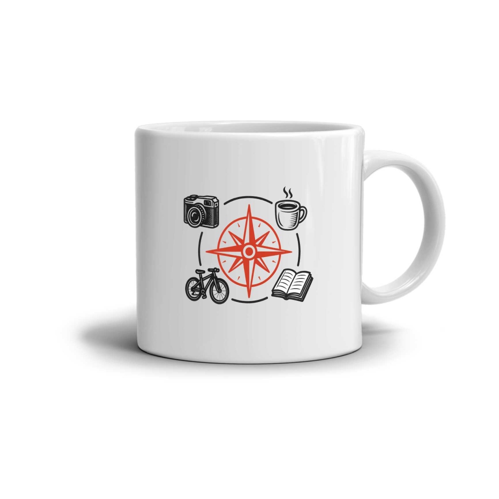 Bílý keramický hrnek 330ml s obrázkem - kompas a koníčky