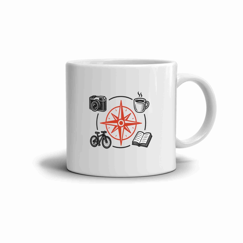 Bílý keramický hrnek 330ml s obrázkem - kompas a koníčky