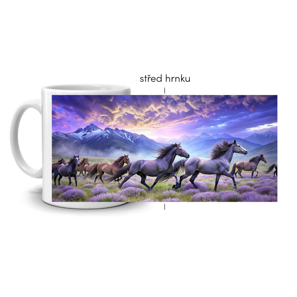 Bílý keramický hrnek 330ml s obrázkem - koně v levandulovém údolí