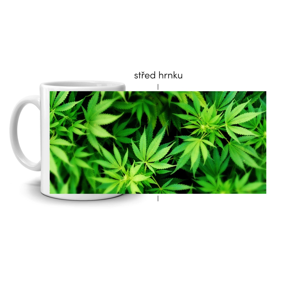 Bílý keramický hrnek 330ml s obrázkem - konopí