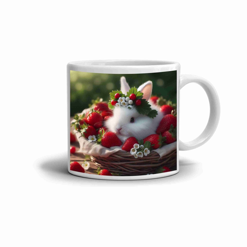 Bílý keramický hrnek 330ml s obrázkem - králíček v jahodách