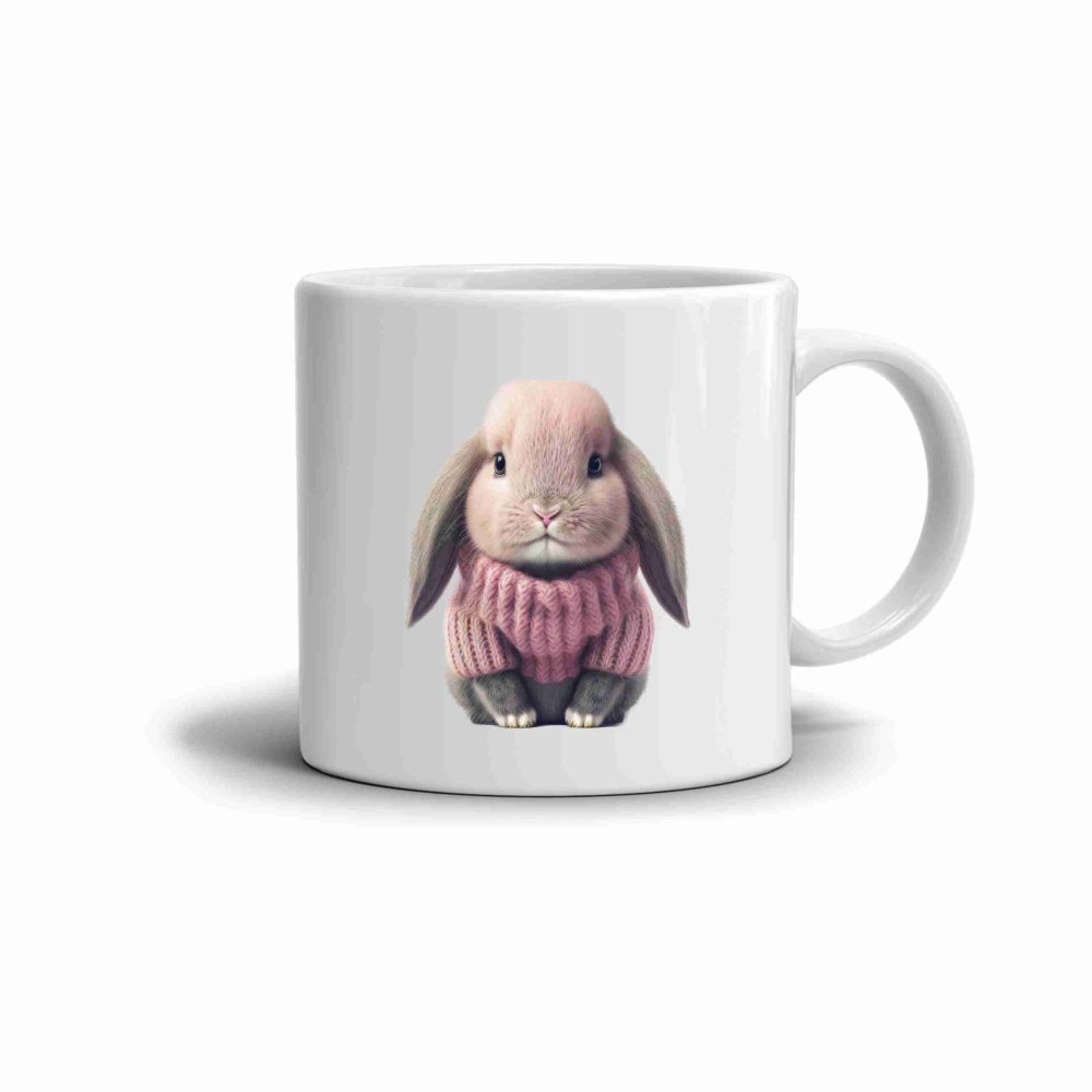 Bílý keramický hrnek 330ml s obrázkem - králíček ve svetru