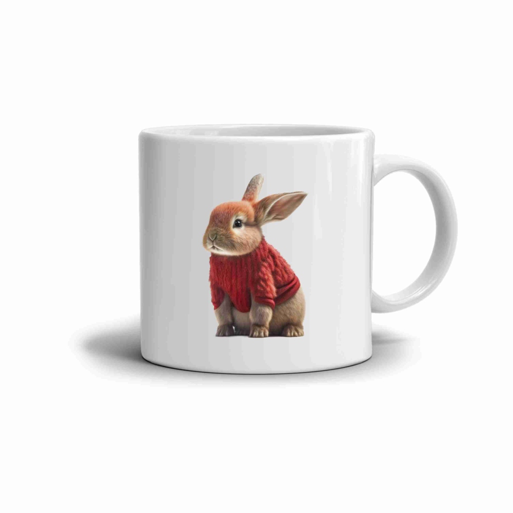 Bílý keramický hrnek 330ml s obrázkem - králíček ve svetru