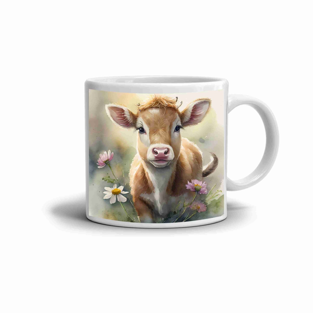 Bílý keramický hrnek 330ml s obrázkem - kravička na louce