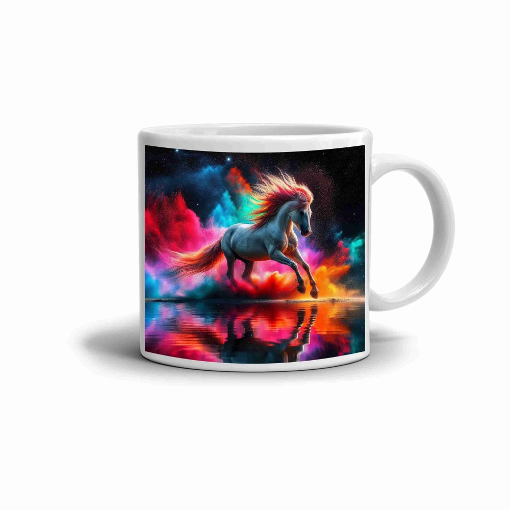 Bílý keramický hrnek 330ml s obrázkem - kůň mezi barvami