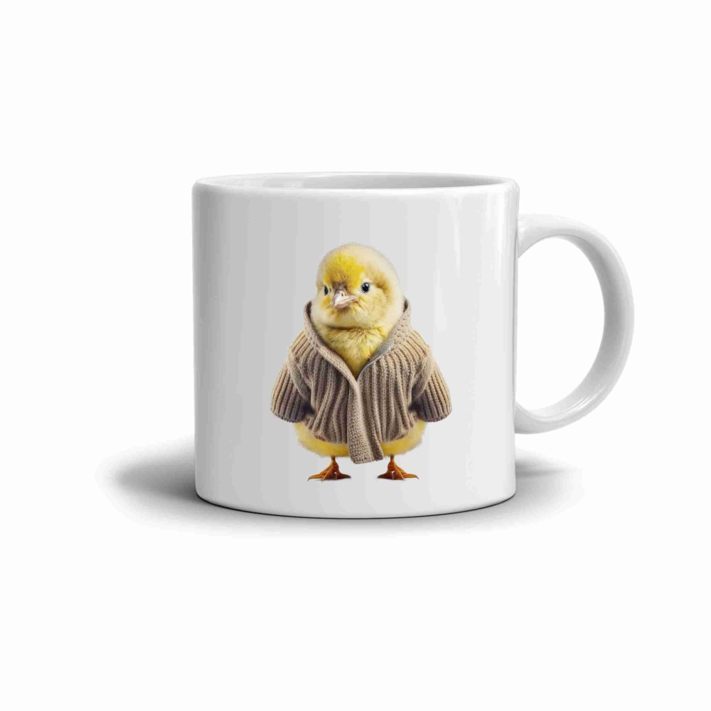 Bílý keramický hrnek 330ml s obrázkem - kuře ve svetru