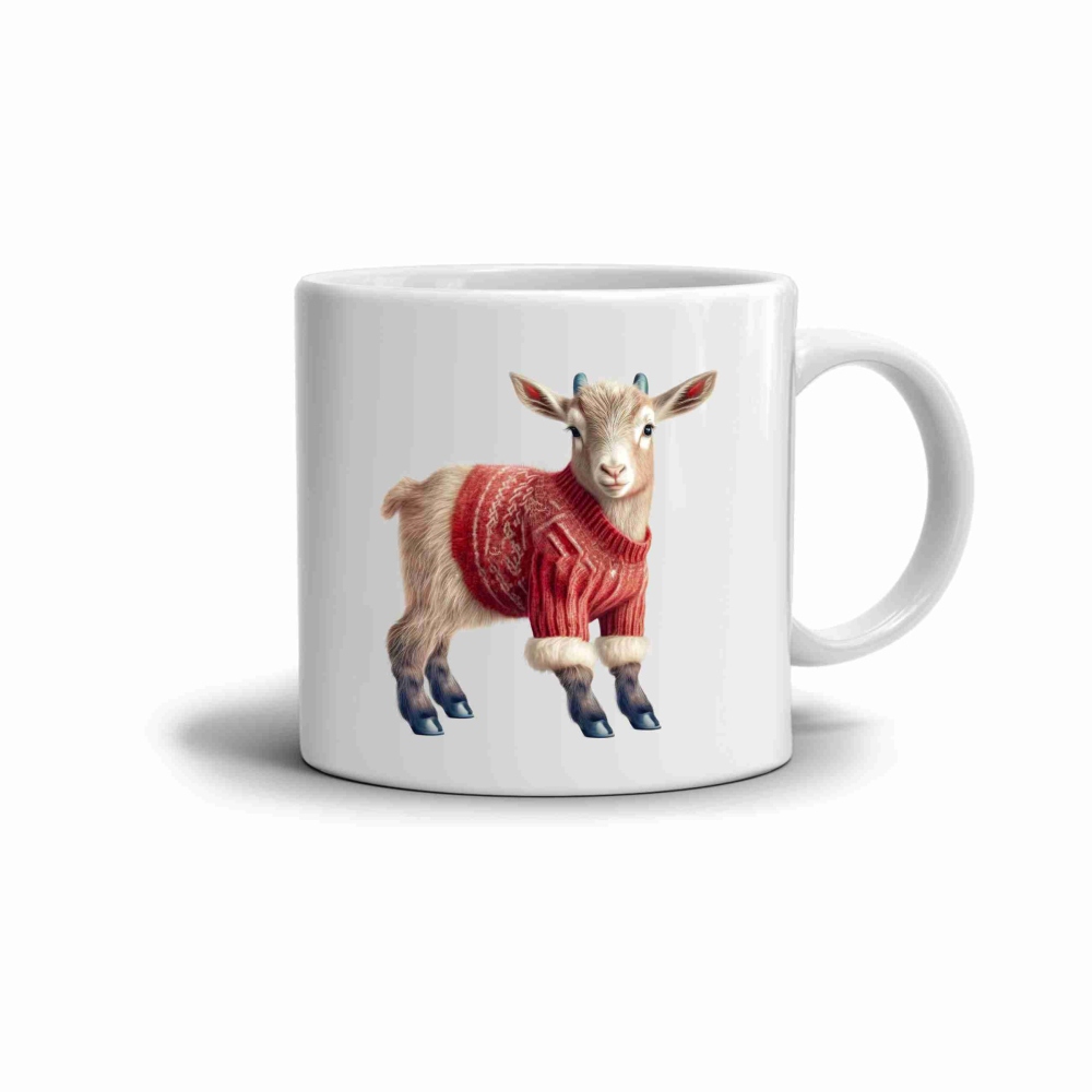 Bílý keramický hrnek 330ml s obrázkem - kůzle ve svetru