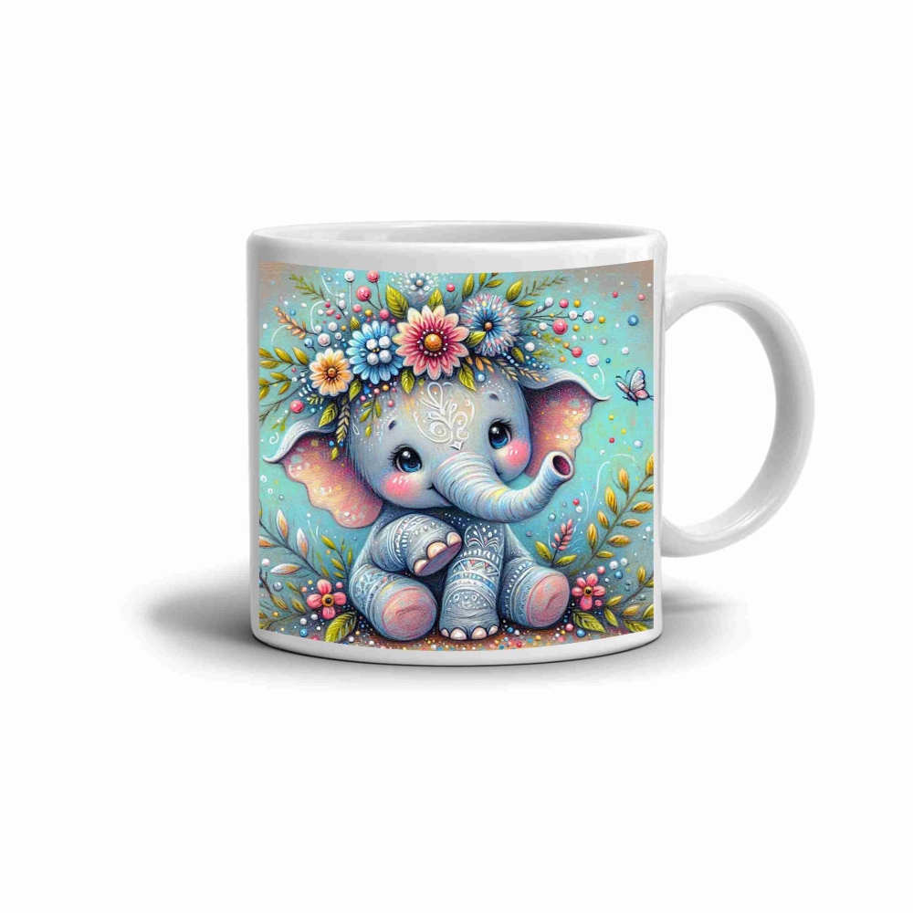 Bílý keramický hrnek 330ml s obrázkem - květinový sloník
