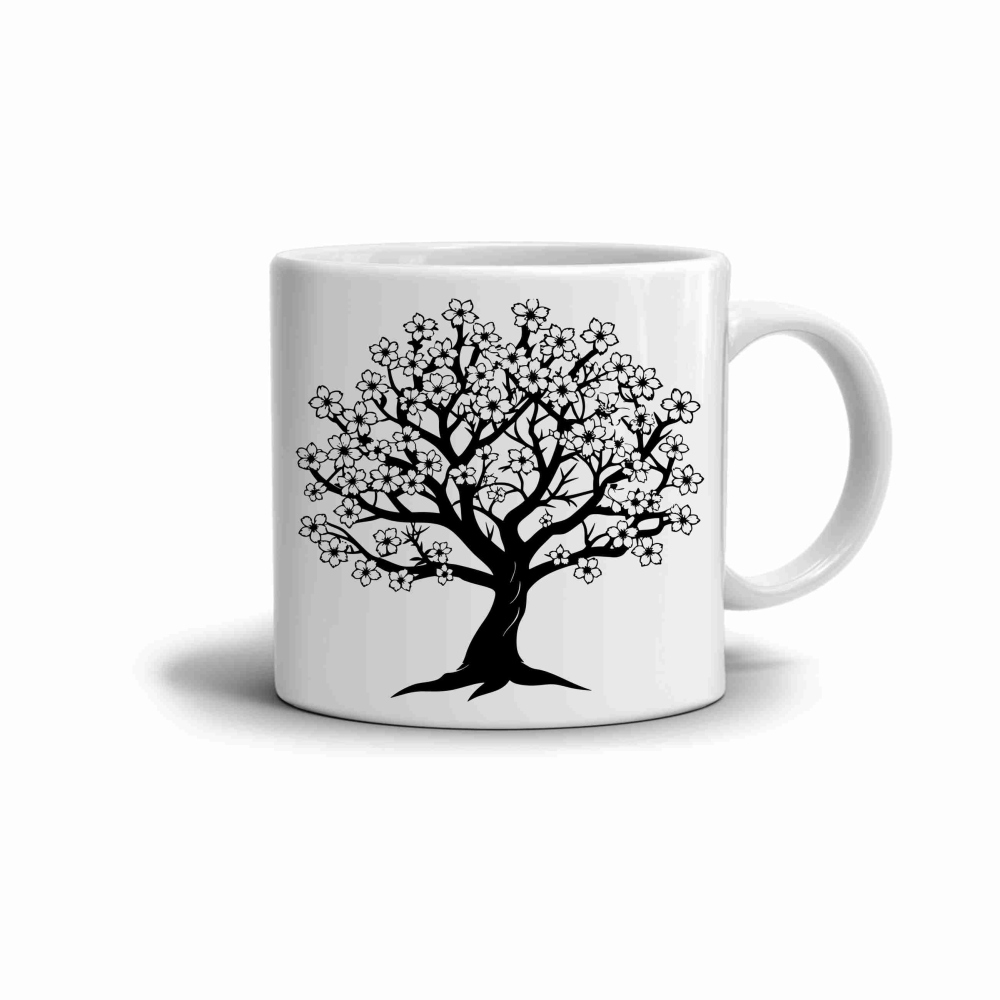 Bílý keramický hrnek 330ml s obrázkem - kvetoucí strom