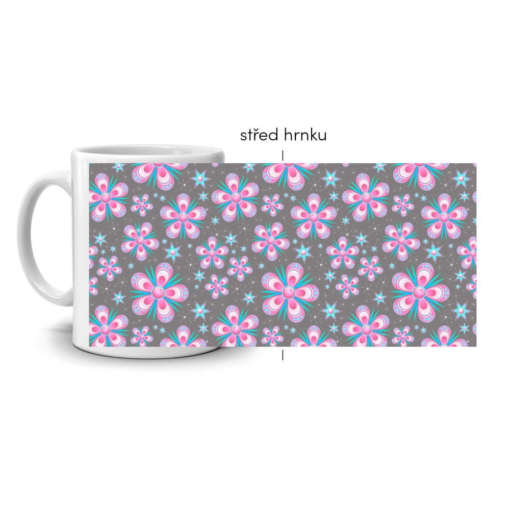 Bílý keramický hrnek 330ml s obrázkem - květy na šedém pozadí