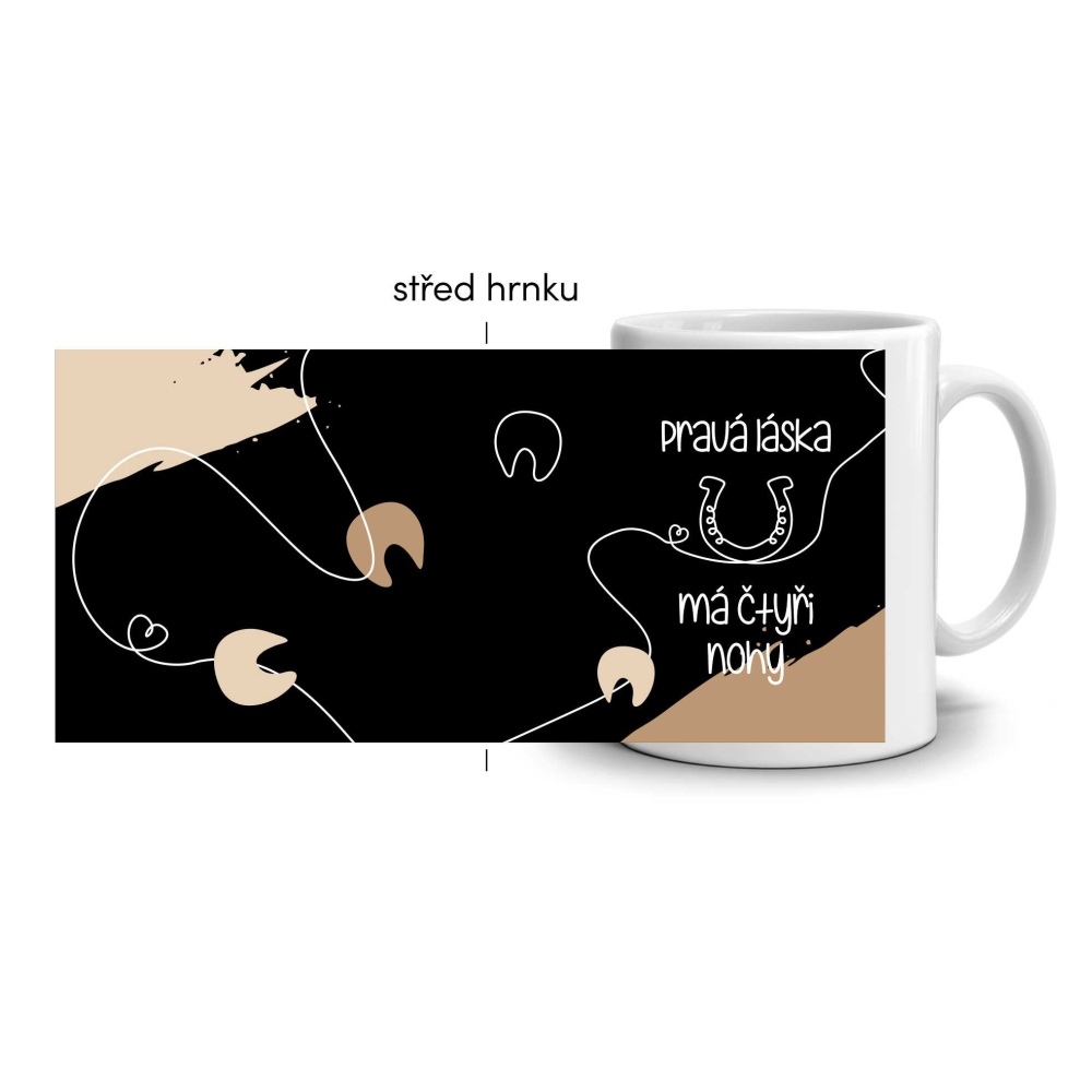 Bílý keramický hrnek 330ml s obrázkem - láska má čtyři nohy (tmavý motiv)