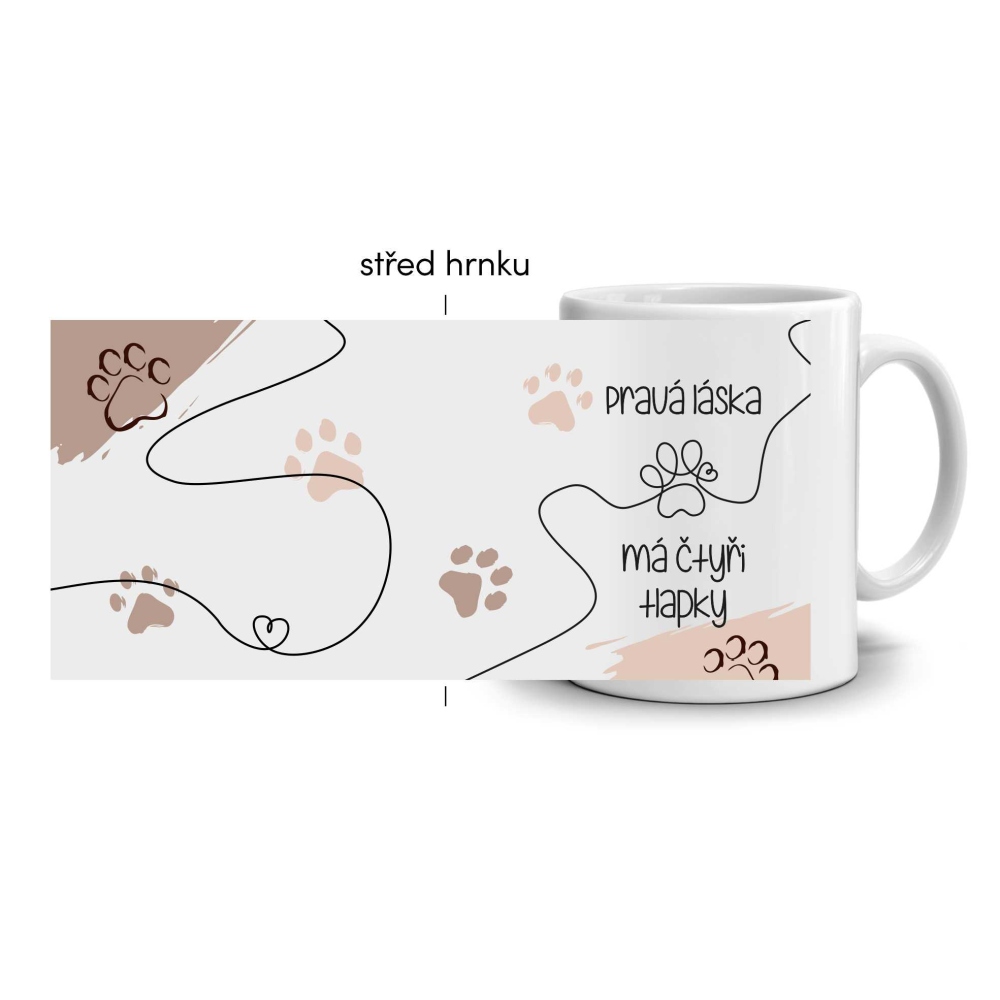 Bílý keramický hrnek 330ml s obrázkem - láska má čtyři tlapky (světlý motiv)